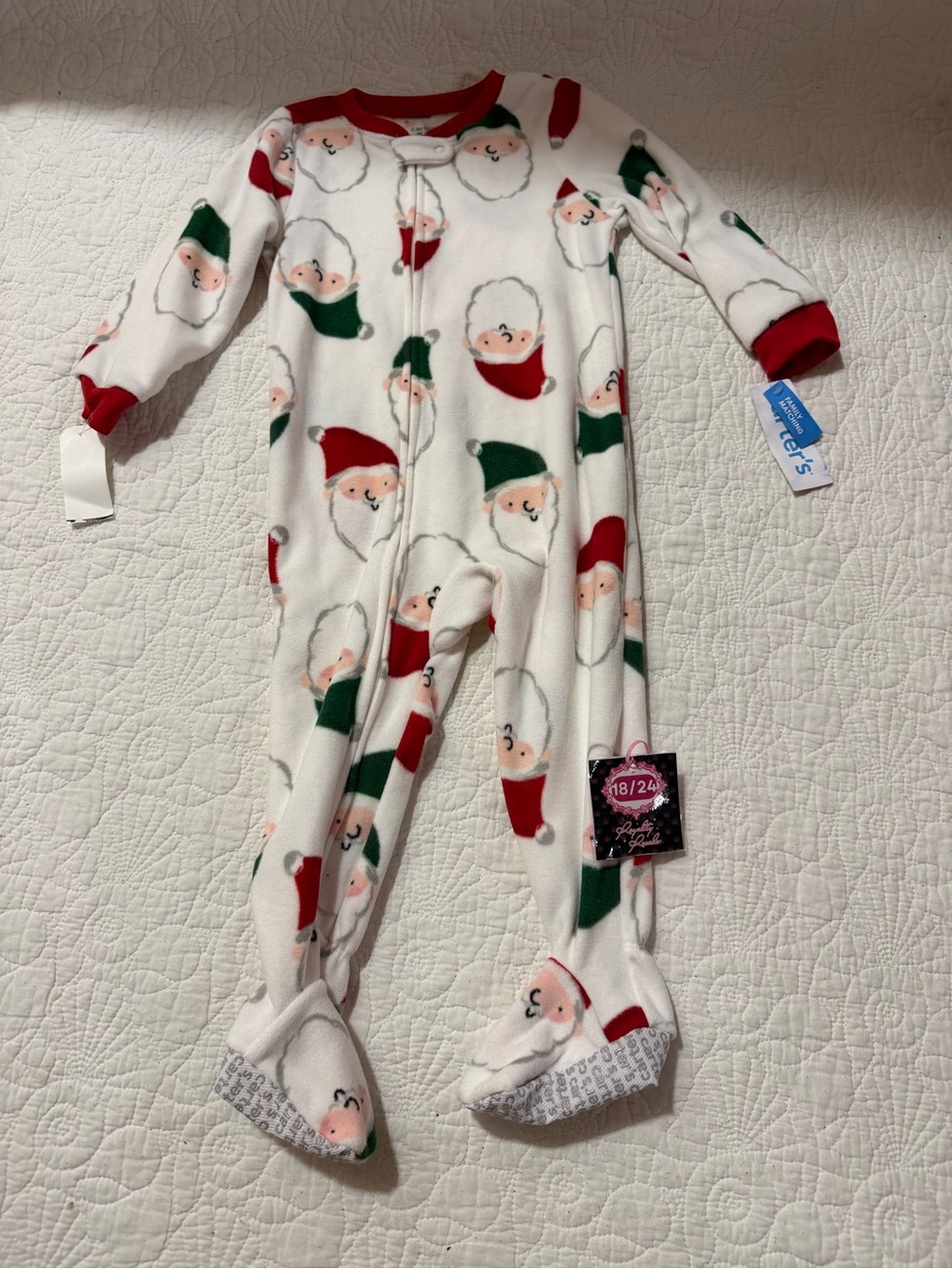 Carter's White Fleece Santa Print Footed One-Piece with Red & Green Accents